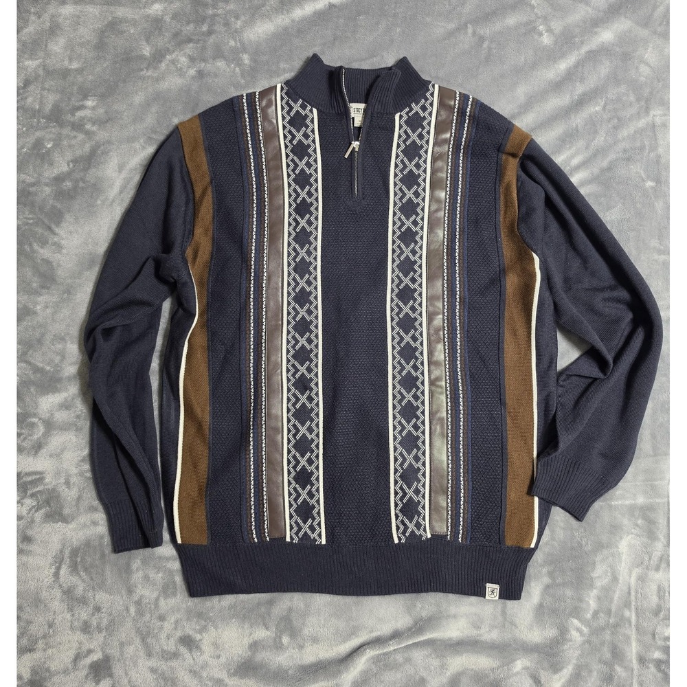 Stacy Adams Sweater Mens XL Blue Geometric Knit Quarter Zip Mock Neck Pullover